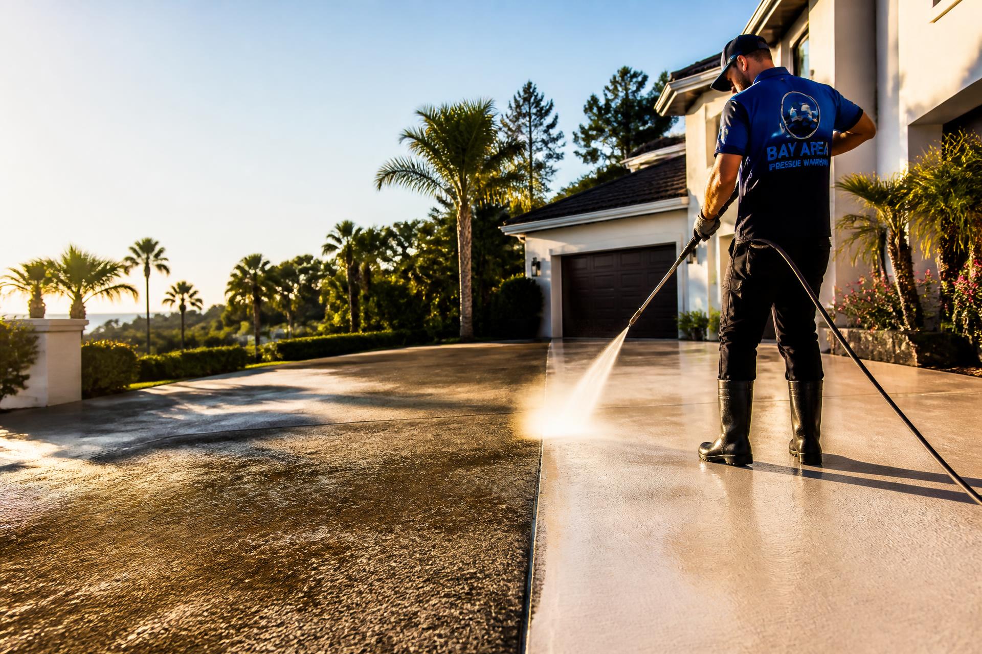 Pressure washing technician cleaning a driveway with dramatic before-and-after result